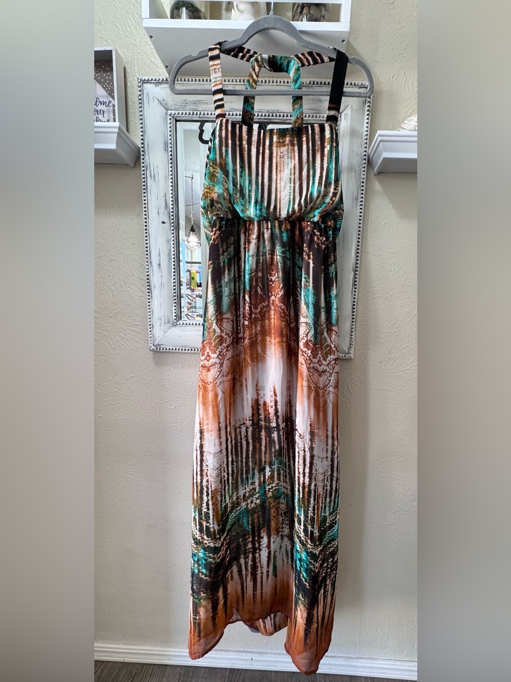 Bisou Bisou Boho Watercolor Blouson Halter Maxi Dress Sz 16 Y2K